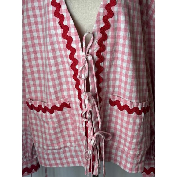 Haptics Jacket Women Large Pink Red Gingham Strawberry Shortcake Cardigan NWT - Picture 6 of 9